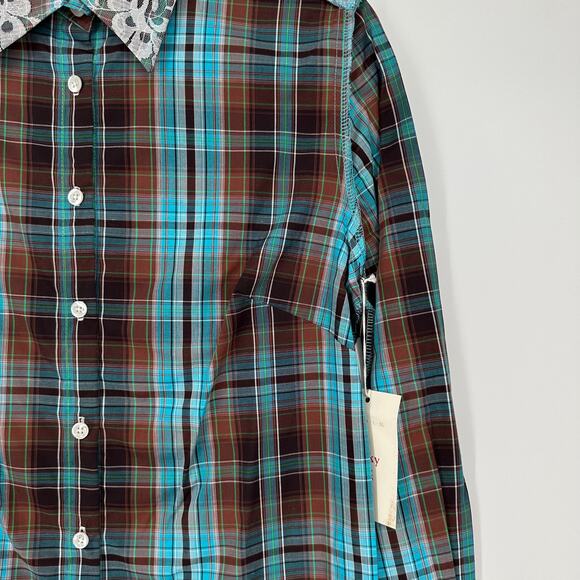 Ears of Buddha Shirt Womens Small Blue Plaid Lace Franky Hand Sewn Sustainable - Picture 6 of 9